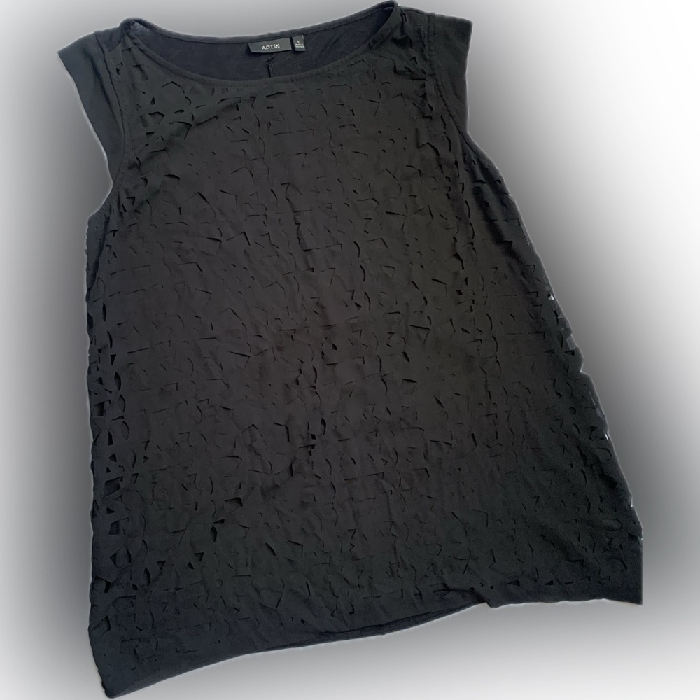 Cap sleeve black dressy very long tall tank top with overlay, LARGE | APT 9